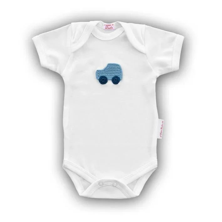 White baby onesie featuring a blue hand-crocheted car appliqué by Norvella.