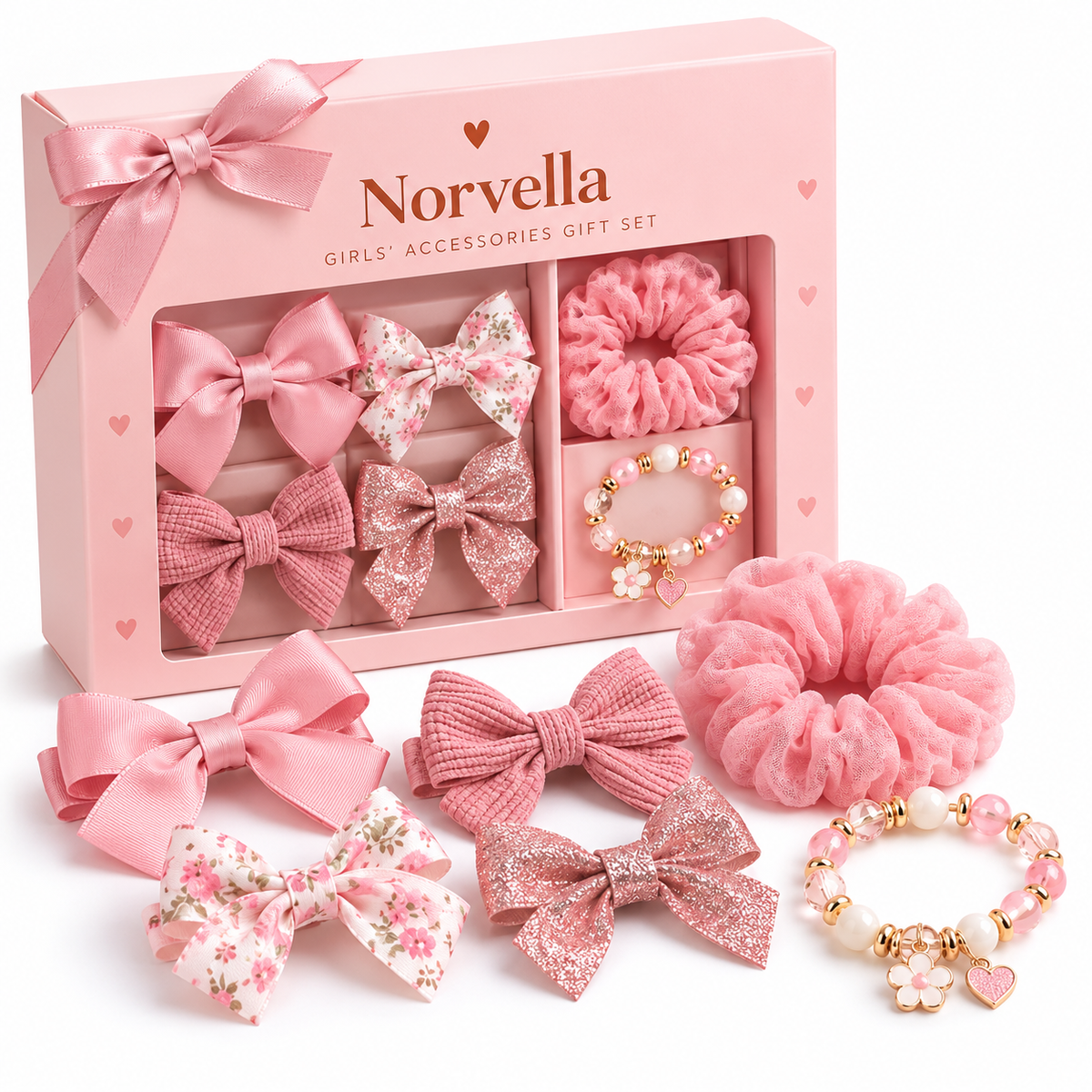 Norvella Girls' Accessories Gift Set with pink hair bows, scrunchies, and beaded bracelets.