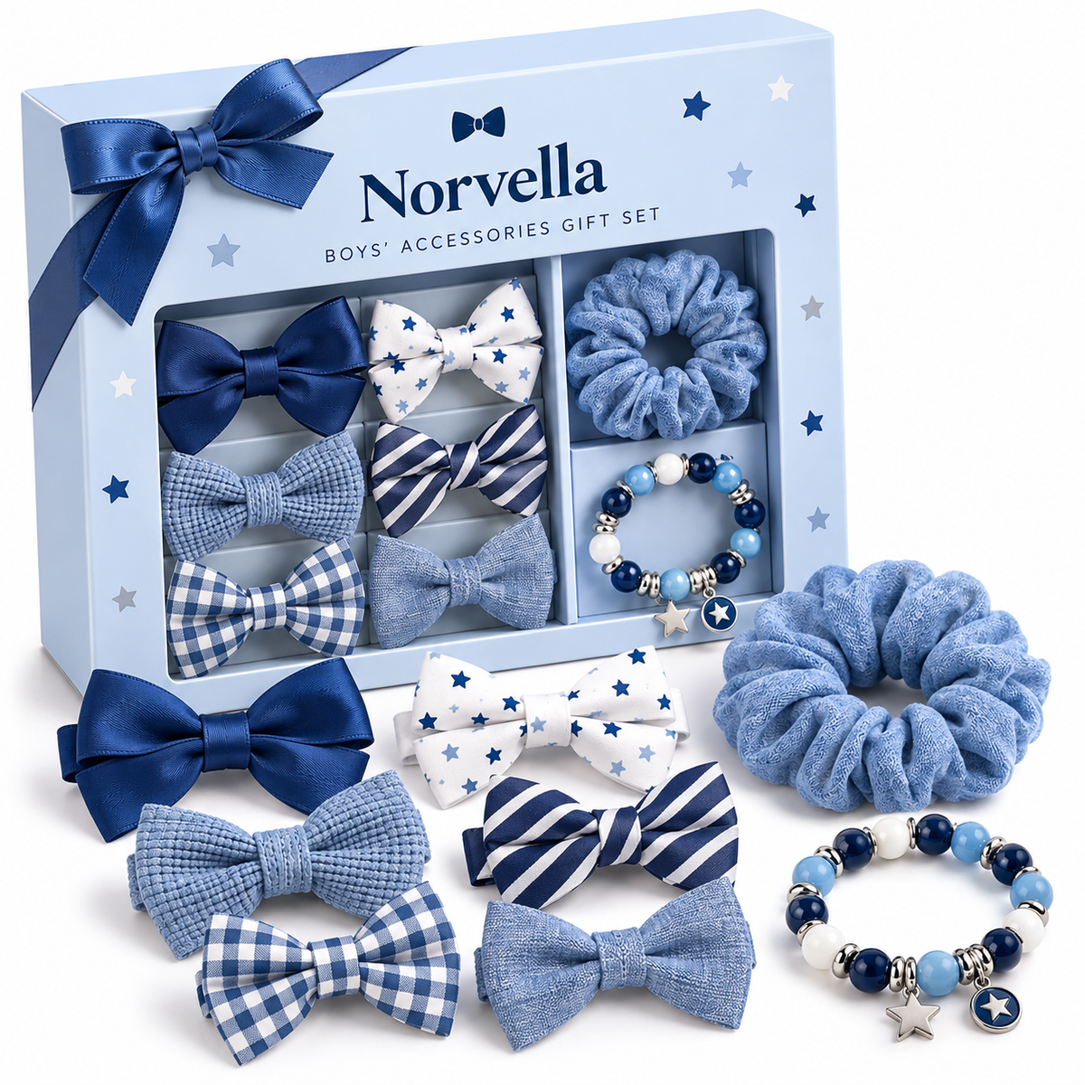 Norvella Boys' Accessories Gift Set featuring blue bow ties, beaded bracelets, and hair scrunchies.