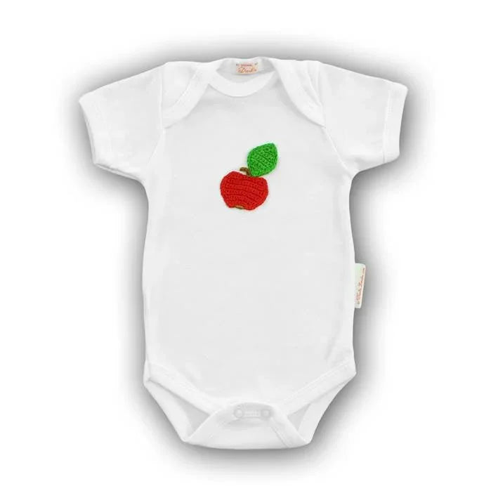 Norvella white baby onesie featuring a hand-crocheted red apple applique.