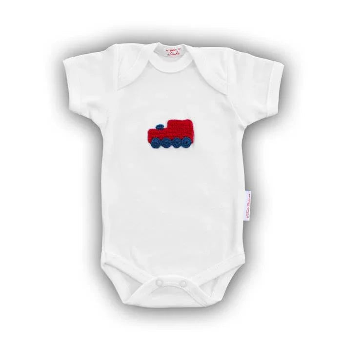 White Norvella baby onesie featuring a red hand-crocheted train design.