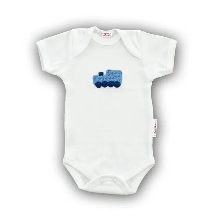 White Norvella baby onesie featuring a blue hand-crocheted train applique.