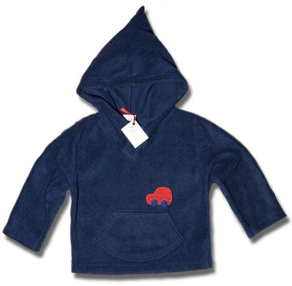 Navy blue Norvella hood jumper for kids with a red car embroidery and front pocket.