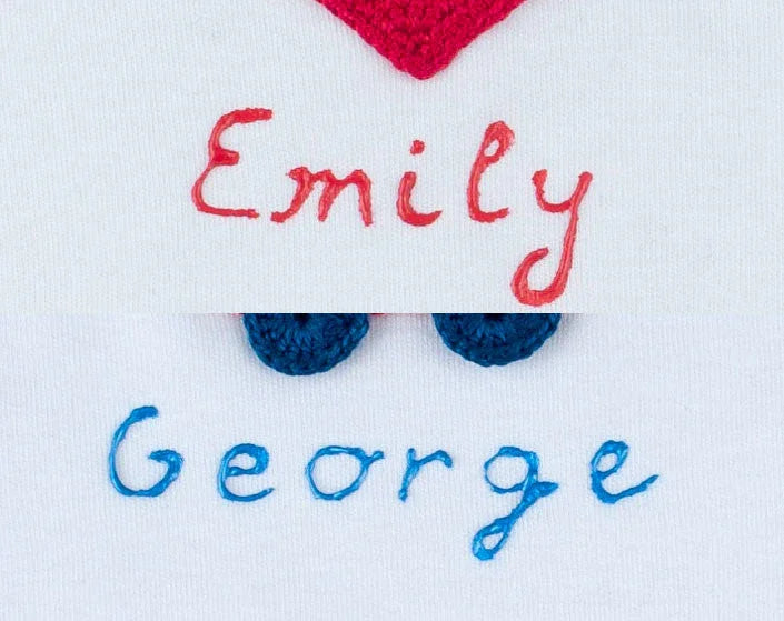 Customized Norvella baby onesies with hand crocheted details and names Emily and George