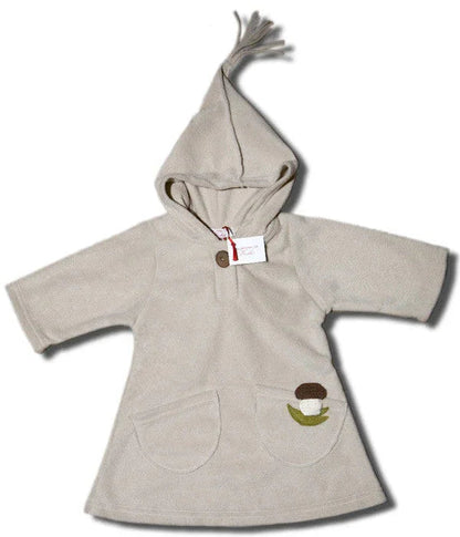 Beige Norvella mushroom dress for toddlers with a pointed hood and mushroom patch pocket